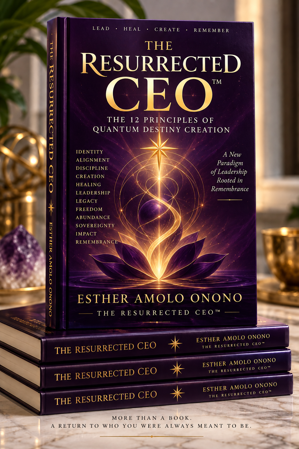 Purple and gold artwork for The Resurrected CEO, showing all twelve principles and author Esther Amolo Onono