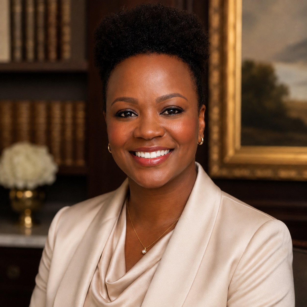 Esther Amolo Onono smiling in a cream blazer